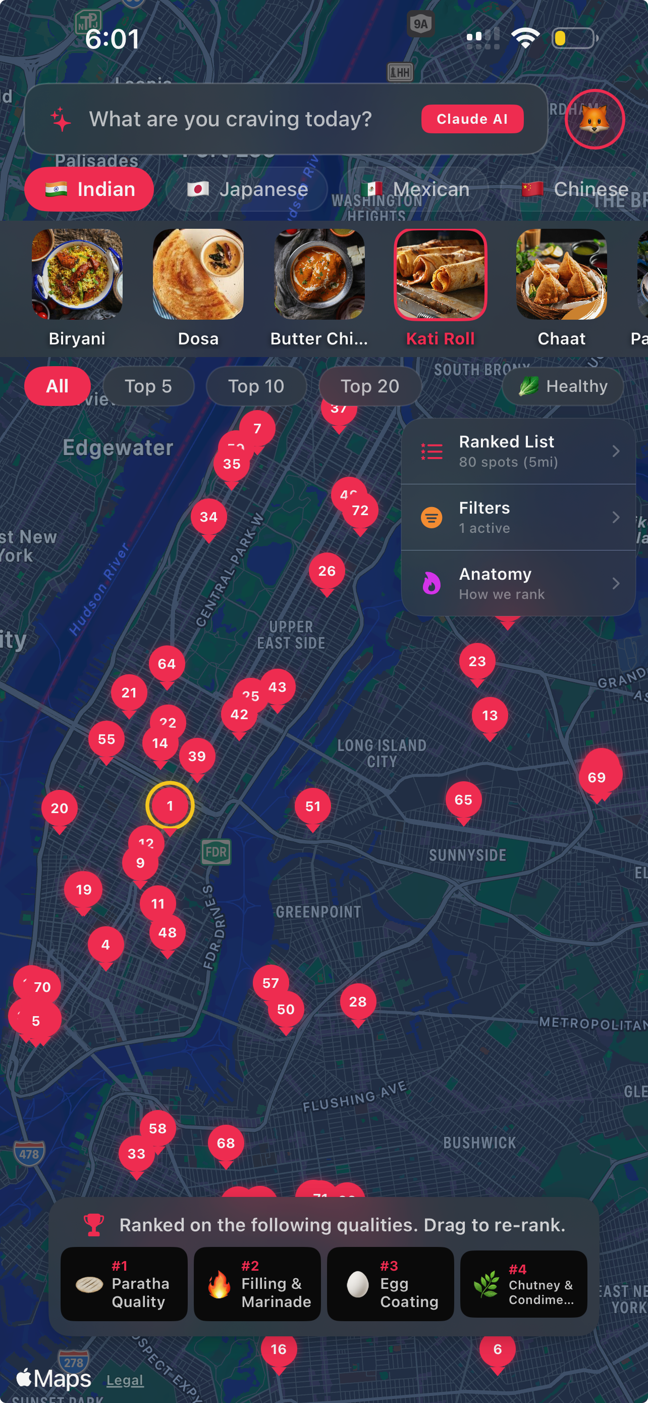 ForkFox Ultra mode — 87 kati roll pins ranked across NYC with gold circle on #1